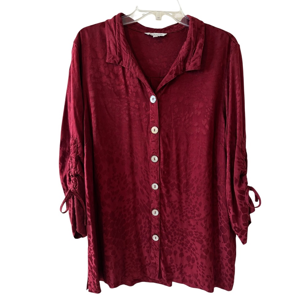 John Mark Burgundy Leopard Jacquard Button Front Blouse Ruched Tie Sleeve XL